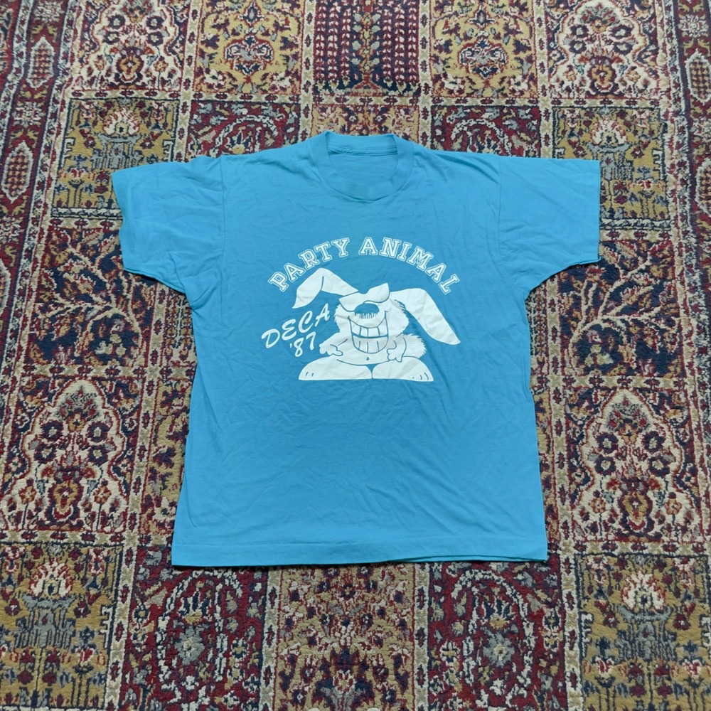 Vintage 1987 DECA Party Animal Single Stitch Graphic T-Shirt Blue Mens L USA